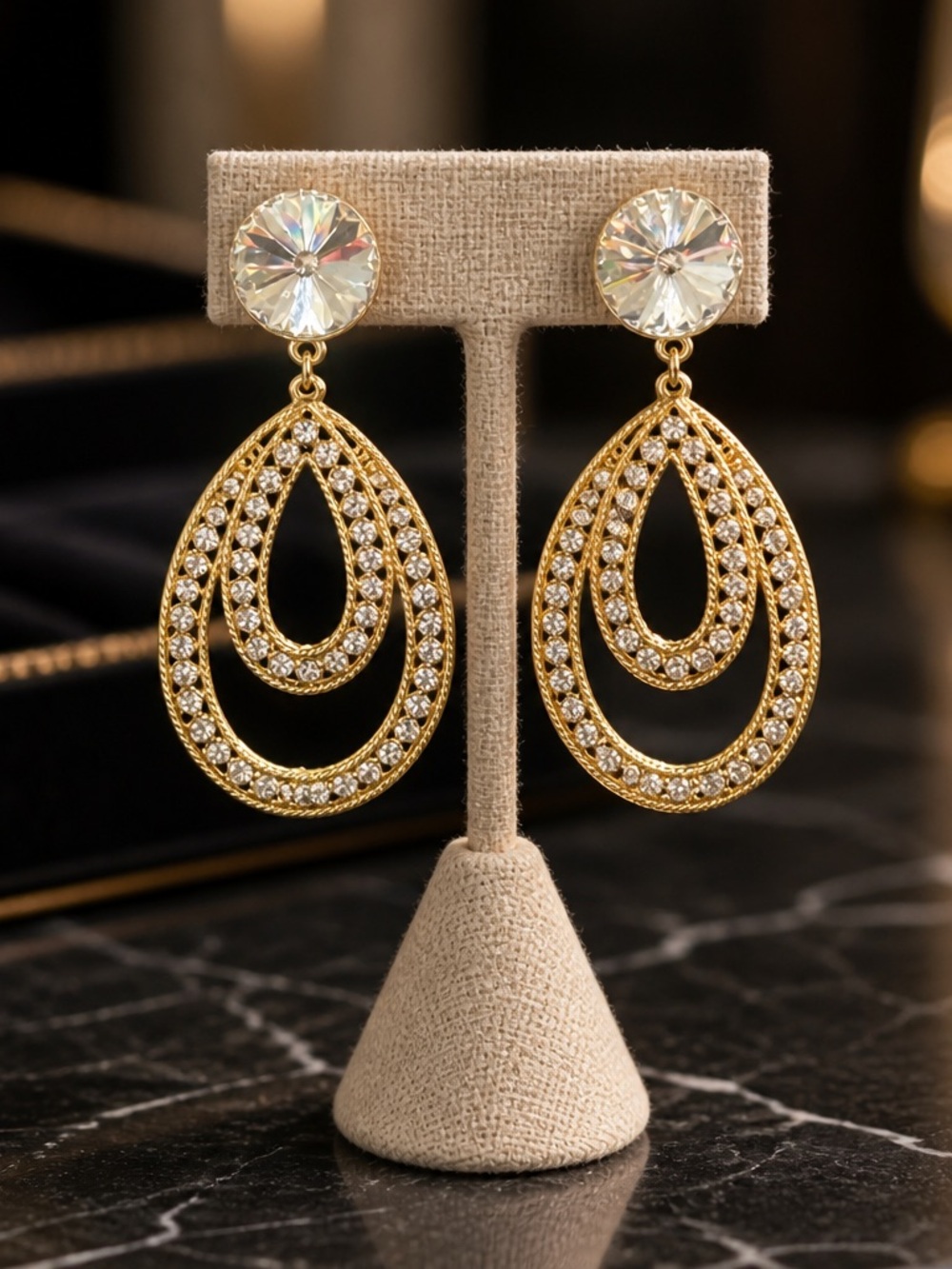 Gold Crystal Teardrop Dangle Earrings - Elegant Women's Jewelry